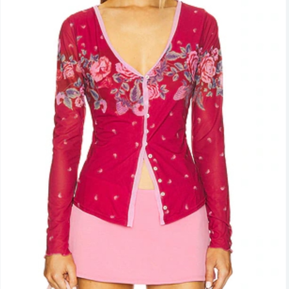 Free People Home Grown Floral Sheer Long Sleeve Cardigan Size M